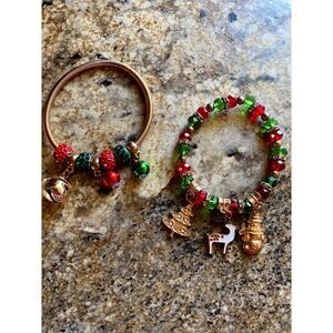 2 Christmas Charm Stretch Bracelets Red Green Snowman Tree Deer